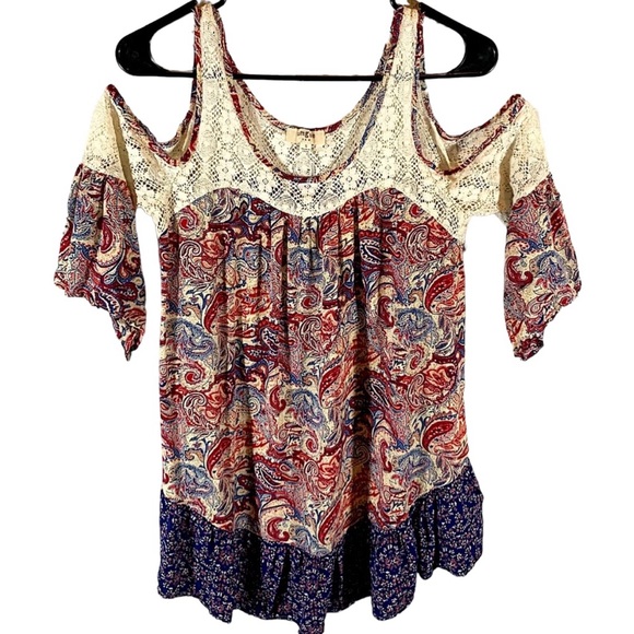 Umgee Womens Tunic Top Size S Floral Boho Mixed Media Ruffle Short Sleeve Crew - Picture 1 of 5